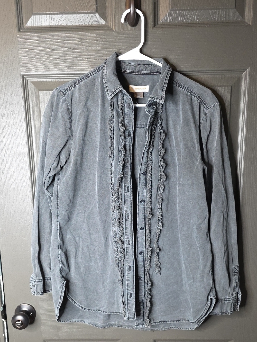 Pilcro Grey Button-Up Tuxedo Shirt with Subtle Ruffle Detail Size Small Anthro